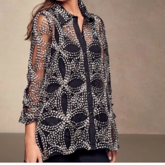 Chicos Travel Collection Needle Stitch Stiff Sheer
Black Silver Thread Jacket L - Picture 1 of 12